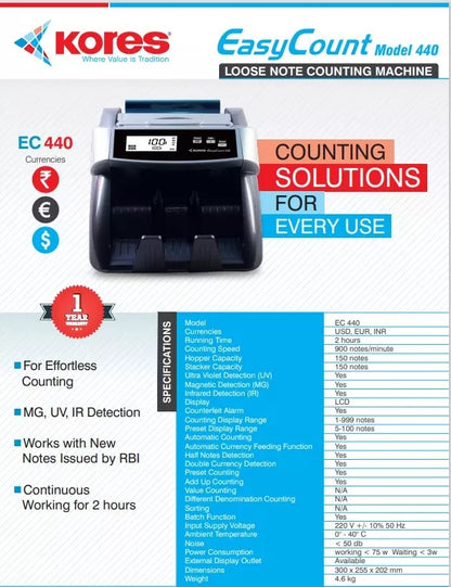 KORES 440 Best Quality Lowest Price Cash / Bill / Currency / Money / Note Counting Machine with Fake Note Detector
